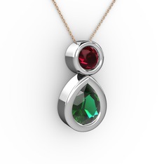 Yeşil kuvars ve rodolit garnet 14 ayar beyaz altın kolye (40 cm rose altın rolo zincir)