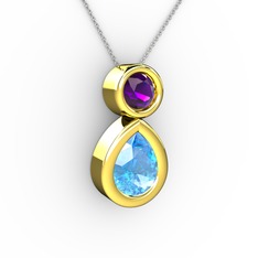 İkili Damla Kolye - Akuamarin ve ametist 925 ayar altın kaplama gümüş kolye (40 cm beyaz altın rolo zincir) #fu3tlo