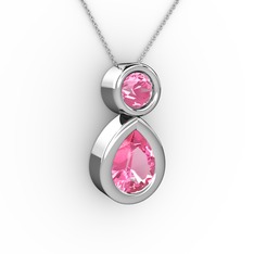 İkili Damla Kolye - Pembe kuvars 8 ayar beyaz altın kolye (40 cm gümüş rolo zincir) #g32y0v