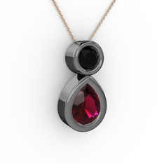İkili Damla Kolye - Rodolit garnet ve siyah zirkon 925 ayar siyah rodyum kaplama gümüş kolye (40 cm rose altın rolo zincir) #g4zi29
