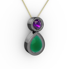 İkili Damla Kolye - Kök zümrüt ve ametist 925 ayar siyah rodyum kaplama gümüş kolye (40 cm altın rolo zincir) #g6o5xw