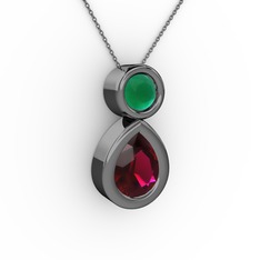 İkili Damla Kolye - Rodolit garnet ve kök zümrüt 925 ayar siyah rodyum kaplama gümüş kolye (40 cm gümüş rolo zincir) #g8h63d