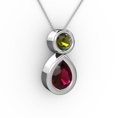 İkili Damla Kolye - Rodolit garnet ve peridot 925 ayar gümüş kolye (40 cm beyaz altın rolo zincir) #givzcl