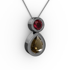İkili Damla Kolye - Dumanlı kuvars ve rodolit garnet 925 ayar siyah rodyum kaplama gümüş kolye (40 cm gümüş rolo zincir) #gk7nbp