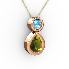 İkili Damla Kolye - Peridot ve akuamarin 8 ayar rose altın kolye (40 cm altın rolo zincir) #go9wb9