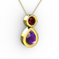 İkili Damla Kolye - Ametist ve rodolit garnet 8 ayar altın kolye (40 cm altın rolo zincir) #gpnug4