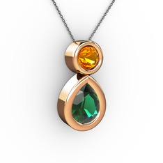 İkili Damla Kolye - Yeşil kuvars ve sitrin 8 ayar rose altın kolye (40 cm gümüş rolo zincir) #gqd063