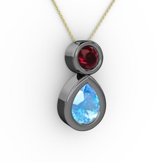 Akuamarin ve rodolit garnet 925 ayar siyah rodyum kaplama gümüş kolye (40 cm altın rolo zincir)