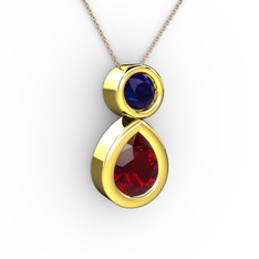 İkili Damla Kolye - Garnet ve lab safir 18 ayar altın kolye (40 cm rose altın rolo zincir) #h11a7t