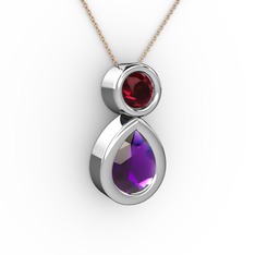 İkili Damla Kolye - Ametist ve rodolit garnet 8 ayar beyaz altın kolye (40 cm gümüş rolo zincir) #h9yw8c