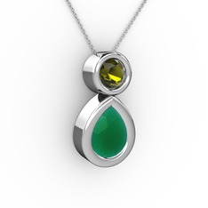 İkili Damla Kolye - Kök zümrüt ve peridot 8 ayar beyaz altın kolye (40 cm beyaz altın rolo zincir) #hboqzd