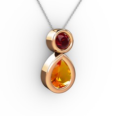 İkili Damla Kolye - Sitrin ve garnet 8 ayar rose altın kolye (40 cm gümüş rolo zincir) #hk9rbl