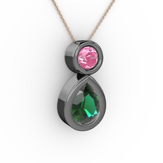İkili Damla Kolye - Yeşil kuvars ve pembe kuvars 925 ayar siyah rodyum kaplama gümüş kolye (40 cm rose altın rolo zincir) #ib2b26