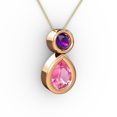 İkili Damla Kolye - Pembe kuvars ve ametist 18 ayar rose altın kolye (40 cm altın rolo zincir) #icbzc7