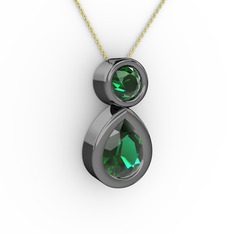 İkili Damla Kolye - Yeşil kuvars 925 ayar siyah rodyum kaplama gümüş kolye (40 cm gümüş rolo zincir) #ih793x