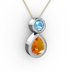 İkili Damla Kolye - Sitrin ve akuamarin 18 ayar beyaz altın kolye (40 cm gümüş rolo zincir) #ihudfy