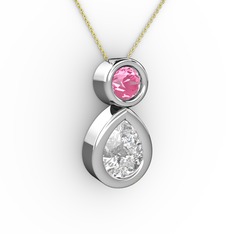 Swarovski ve pembe kuvars 14 ayar beyaz altın kolye (40 cm altın rolo zincir)