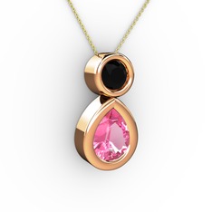 Pembe kuvars ve siyah zirkon 18 ayar rose altın kolye (40 cm gümüş rolo zincir)