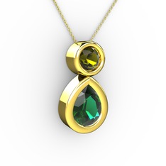 İkili Damla Kolye - Yeşil kuvars ve peridot 18 ayar altın kolye (40 cm altın rolo zincir) #j2ewh3