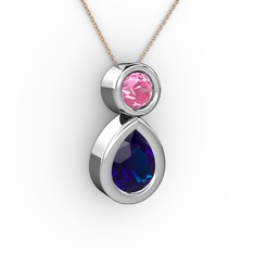 İkili Damla Kolye - Lab safir ve pembe kuvars 925 ayar gümüş kolye (40 cm rose altın rolo zincir) #jeg6zx