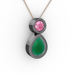 İkili Damla Kolye - Kök zümrüt ve pembe kuvars 925 ayar siyah rodyum kaplama gümüş kolye (40 cm rose altın rolo zincir) #jgi5j0