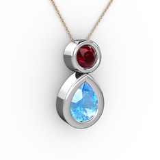 İkili Damla Kolye - Akuamarin ve garnet 8 ayar beyaz altın kolye (40 cm rose altın rolo zincir) #jks39v