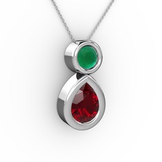 Garnet ve kök zümrüt 14 ayar beyaz altın kolye (40 cm beyaz altın rolo zincir)
