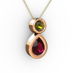 İkili Damla Kolye - Rodolit garnet ve peridot 18 ayar rose altın kolye (40 cm gümüş rolo zincir) #jzp37b
