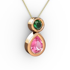 İkili Damla Kolye - Pembe kuvars ve yeşil kuvars 14 ayar rose altın kolye (40 cm altın rolo zincir) #k3g5zv