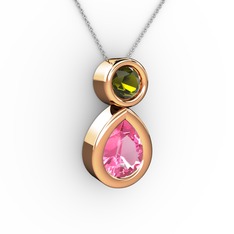 İkili Damla Kolye - Pembe kuvars ve peridot 8 ayar rose altın kolye (40 cm beyaz altın rolo zincir) #k50kq2