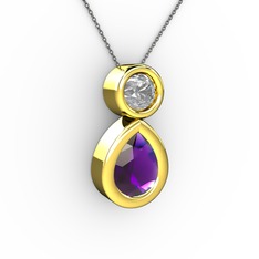 İkili Damla Kolye - Ametist ve swarovski 8 ayar altın kolye (40 cm gümüş rolo zincir) #k9y4h4