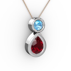 İkili Damla Kolye - Garnet ve akuamarin 14 ayar beyaz altın kolye (40 cm rose altın rolo zincir) #ki9qf7