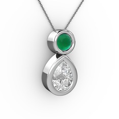 İkili Damla Kolye - Swarovski ve kök zümrüt 18 ayar beyaz altın kolye (40 cm gümüş rolo zincir) #ksgggb