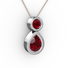 Garnet ve kök yakut 18 ayar beyaz altın kolye (40 cm rose altın rolo zincir)
