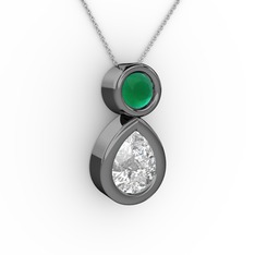 İkili Damla Kolye - Swarovski ve kök zümrüt 925 ayar siyah rodyum kaplama gümüş kolye (40 cm beyaz altın rolo zincir) #kxd375