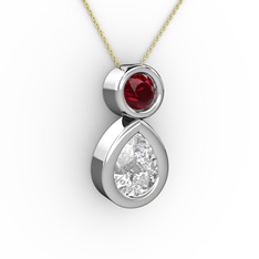 İkili Damla Kolye - Beyaz zirkon ve garnet 8 ayar beyaz altın kolye (40 cm altın rolo zincir) #l0ytmb