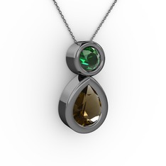 İkili Damla Kolye - Dumanlı kuvars ve yeşil kuvars 925 ayar siyah rodyum kaplama gümüş kolye (40 cm gümüş rolo zincir) #l1oqje