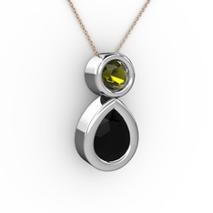 İkili Damla Kolye - Siyah zirkon ve peridot 14 ayar beyaz altın kolye (40 cm rose altın rolo zincir) #l1xzk3