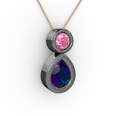 İkili Damla Kolye - Lab safir ve pembe kuvars 925 ayar siyah rodyum kaplama gümüş kolye (40 cm rose altın rolo zincir) #l3att5
