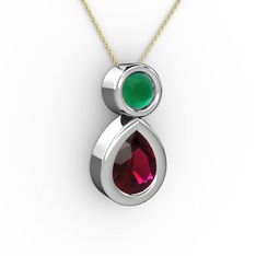 İkili Damla Kolye - Rodolit garnet ve kök zümrüt 925 ayar gümüş kolye (40 cm altın rolo zincir) #lf209r