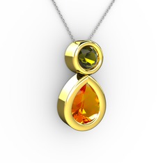 İkili Damla Kolye - Sitrin ve peridot 8 ayar altın kolye (40 cm beyaz altın rolo zincir) #lj2sv