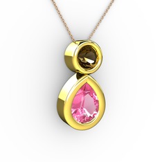 İkili Damla Kolye - Pembe kuvars ve dumanlı kuvars 8 ayar altın kolye (40 cm rose altın rolo zincir) #ljknpz