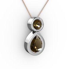İkili Damla Kolye - Dumanlı kuvars 14 ayar beyaz altın kolye (40 cm rose altın rolo zincir) #lkbvja