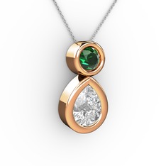 İkili Damla Kolye - Beyaz zirkon ve yeşil kuvars 18 ayar rose altın kolye (40 cm beyaz altın rolo zincir) #lw26rc