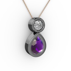 İkili Damla Kolye - Ametist ve swarovski 925 ayar siyah rodyum kaplama gümüş kolye (40 cm rose altın rolo zincir) #m0o5lm