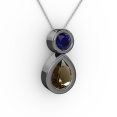 Dumanlı kuvars ve lab safir 925 ayar siyah rodyum kaplama gümüş kolye (40 cm gümüş rolo zincir)