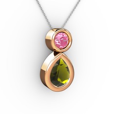 İkili Damla Kolye - Peridot ve pembe kuvars 14 ayar rose altın kolye (40 cm beyaz altın rolo zincir) #mhgwd4