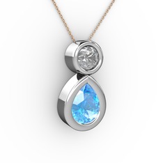 İkili Damla Kolye - Akuamarin ve beyaz zirkon 925 ayar gümüş kolye (40 cm rose altın rolo zincir) #mu8i4g