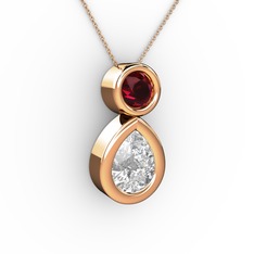 İkili Damla Kolye - Beyaz zirkon ve rodolit garnet 14 ayar rose altın kolye (40 cm gümüş rolo zincir) #n4gvdy