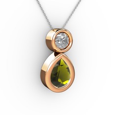 İkili Damla Kolye - Peridot ve swarovski 18 ayar rose altın kolye (40 cm beyaz altın rolo zincir) #n58at6